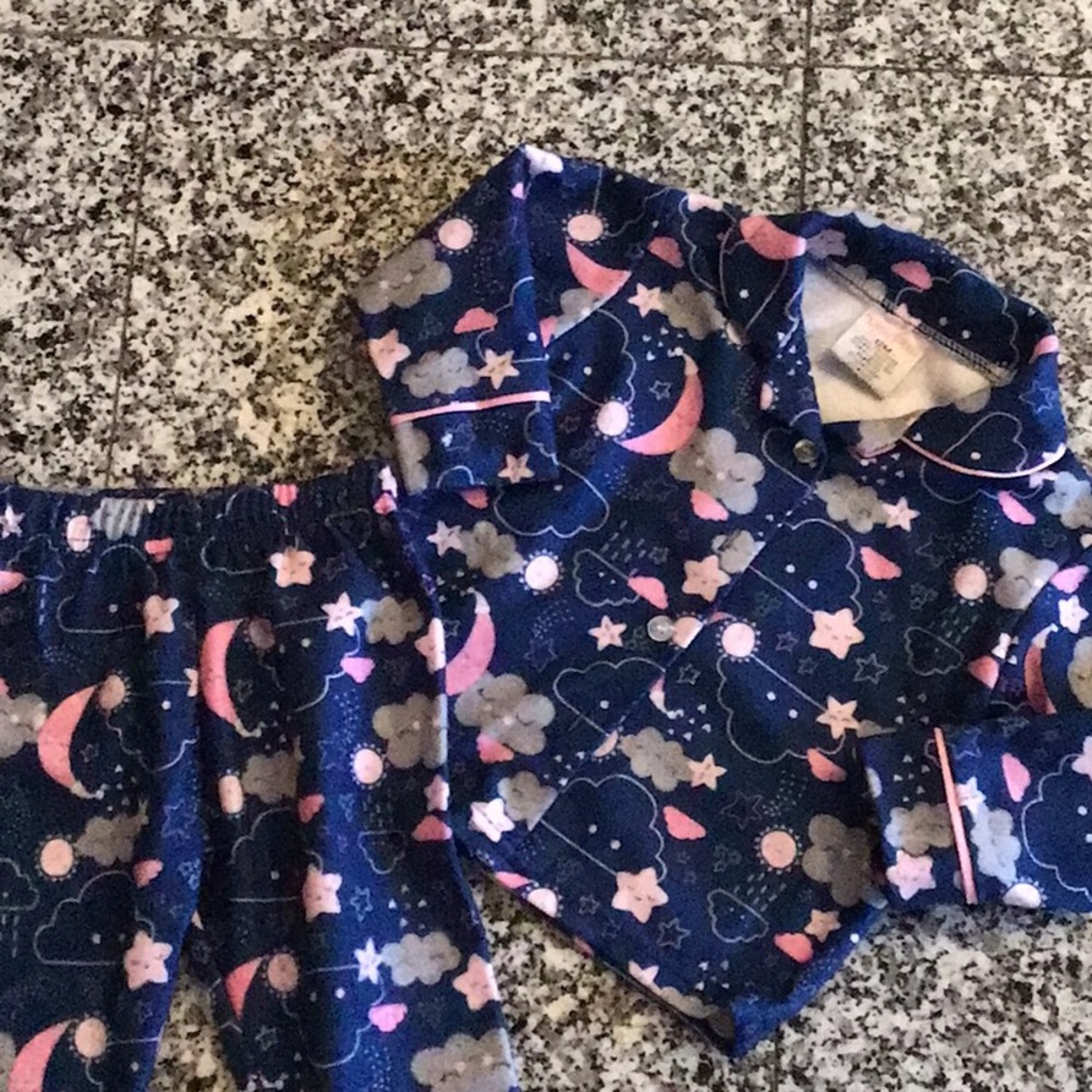 Girls navy blue cloud and moon pajama set with pink accents
